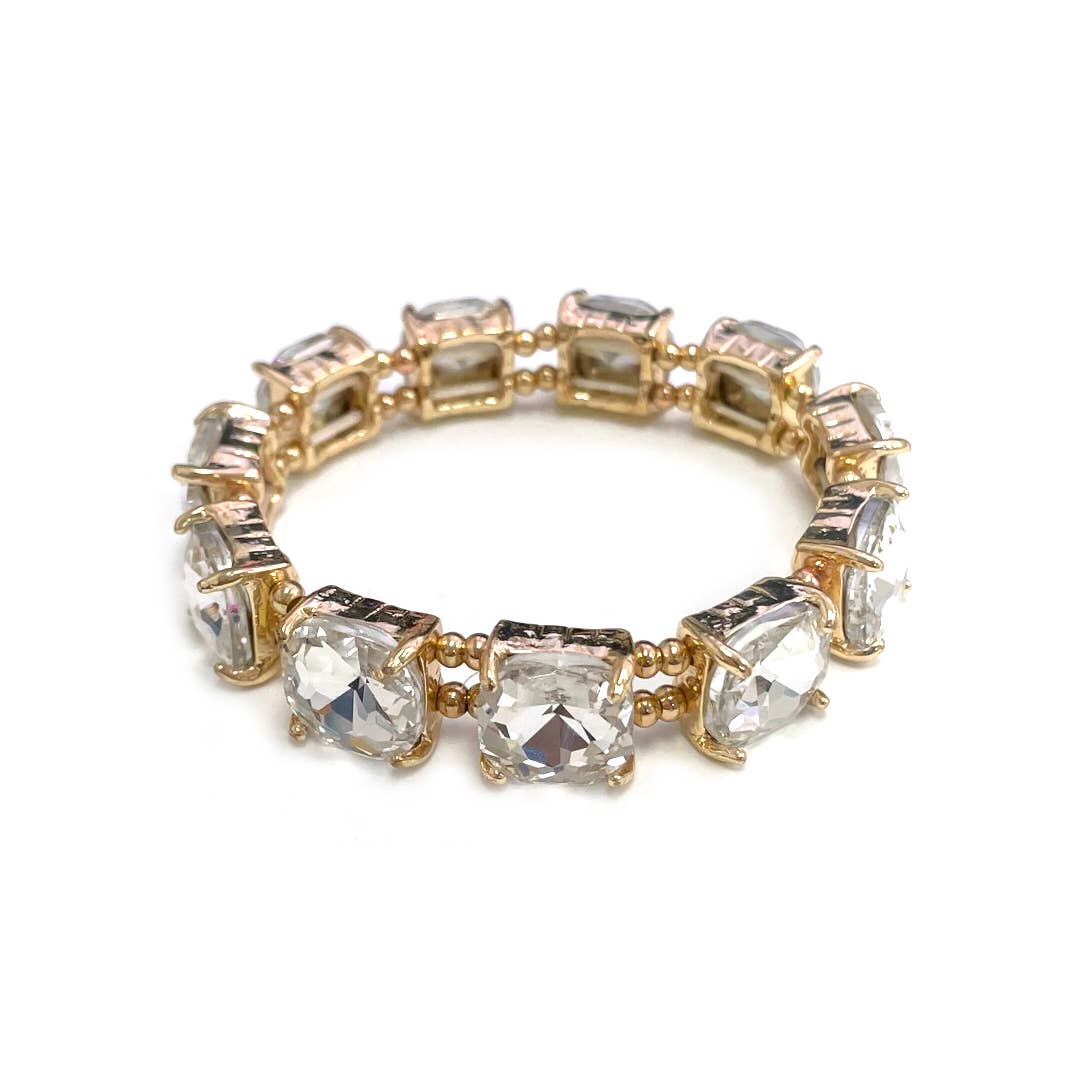 Cushion Cut Glass Crystal Linked Stretch Bracelet: MINT-AB