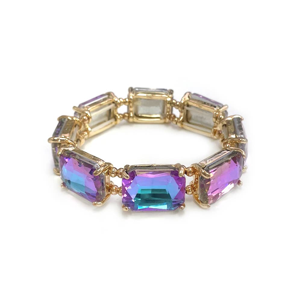 Rectangular Glass Crystal Linked Stretch Bracelet: Black Multi