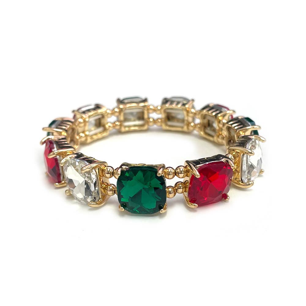 Cushion Cut Glass Crystal Linked Stretch Bracelet: MINT-AB