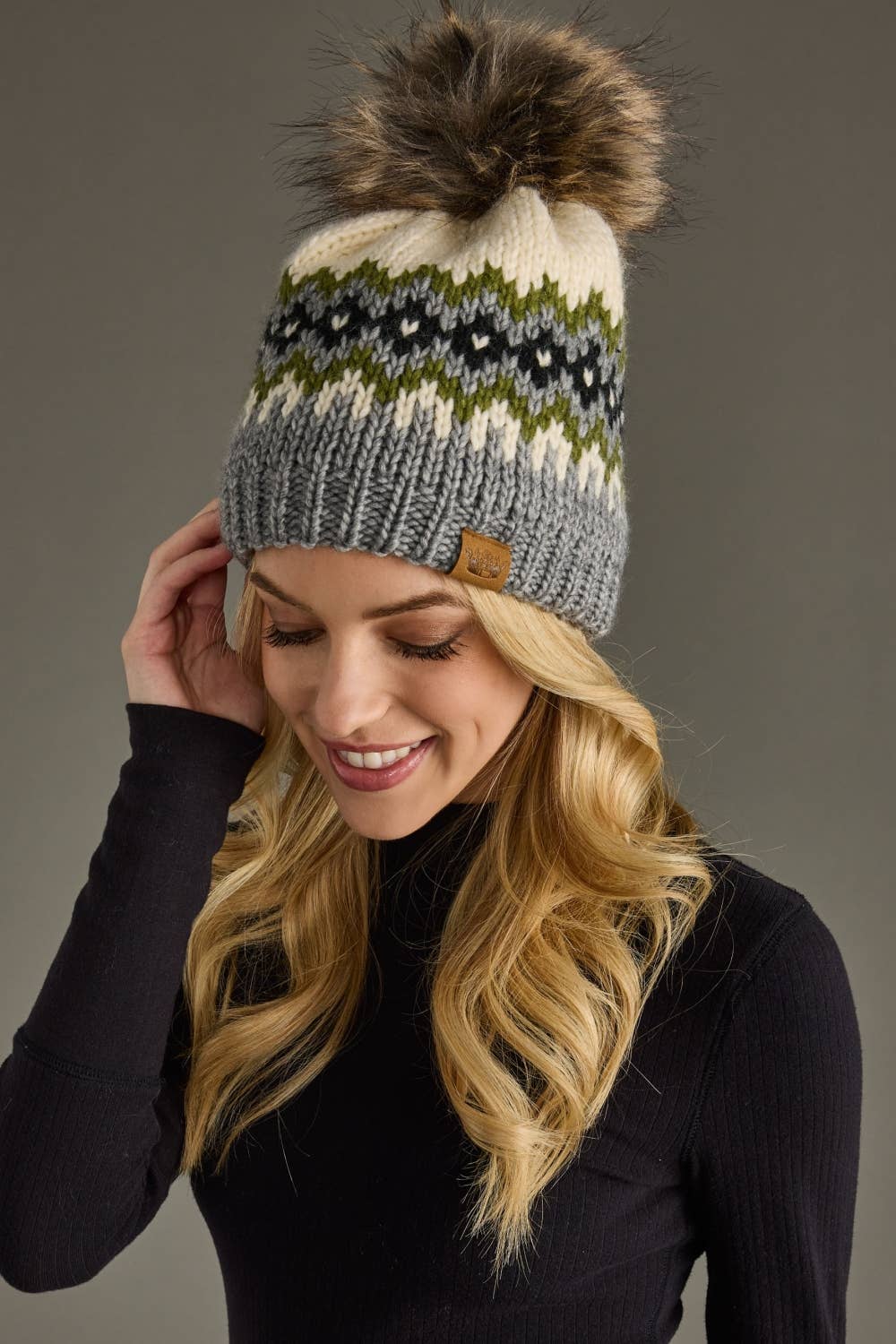 Cream, Green, Black & Gray Patterned Pom Hat