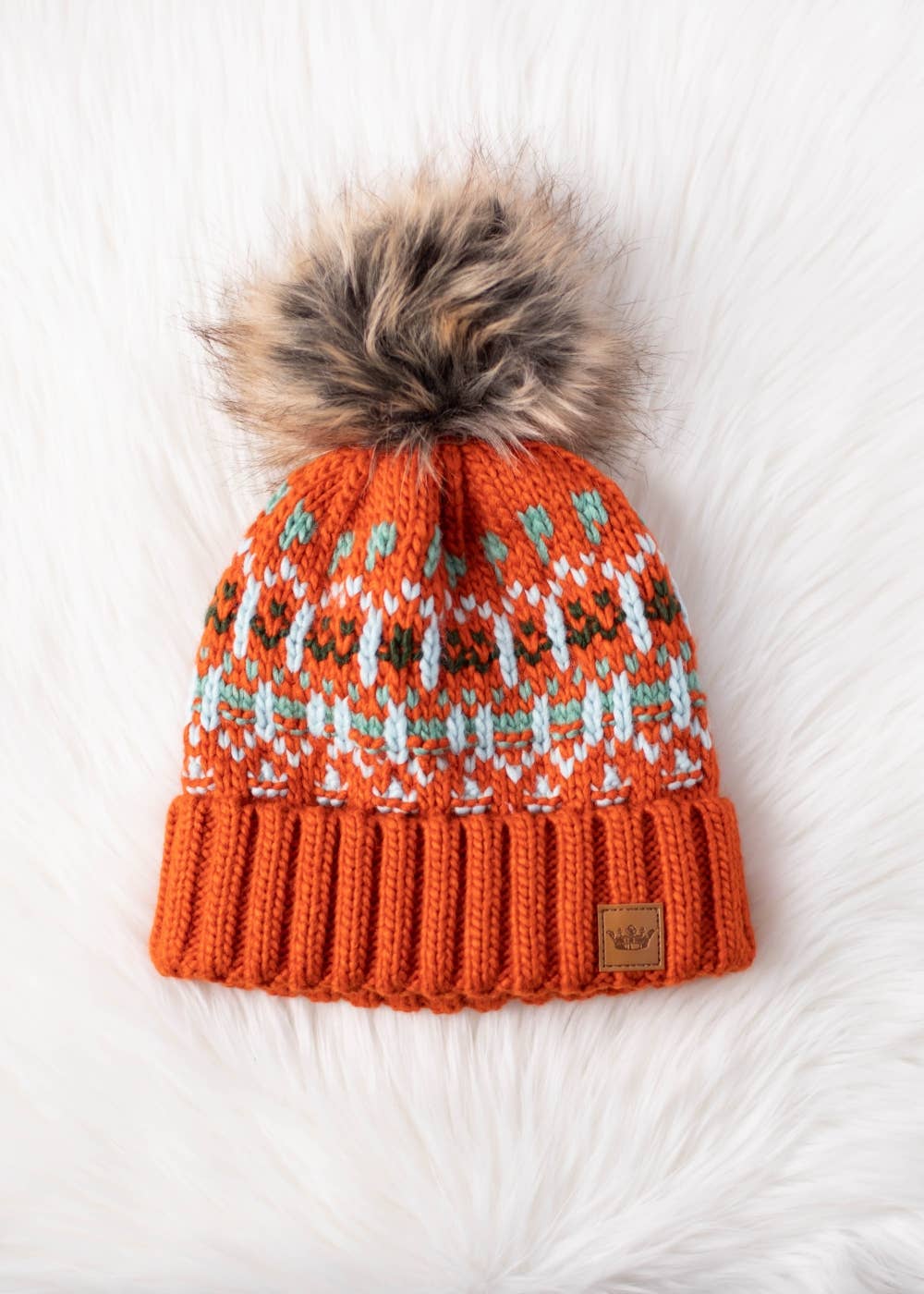 Orange, Lt. Blue, Mint & Olive Patterned Pom Hat