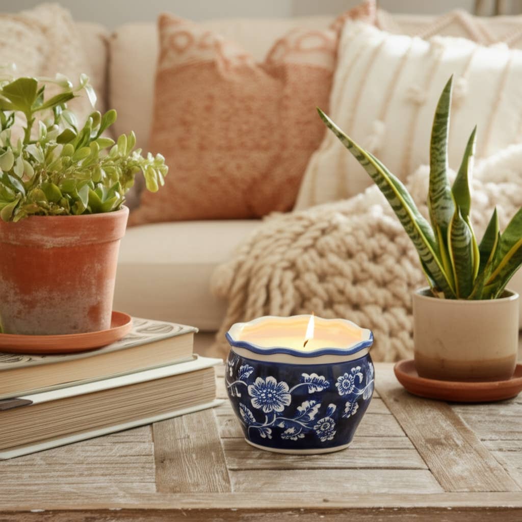 Candle - Blue/White Ceramic Chinoiserie Peony, 7 Oz