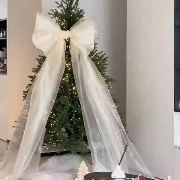 78*19inches Mesh Giant Bow Christmas Tree Topper Xmas Decor: White / L