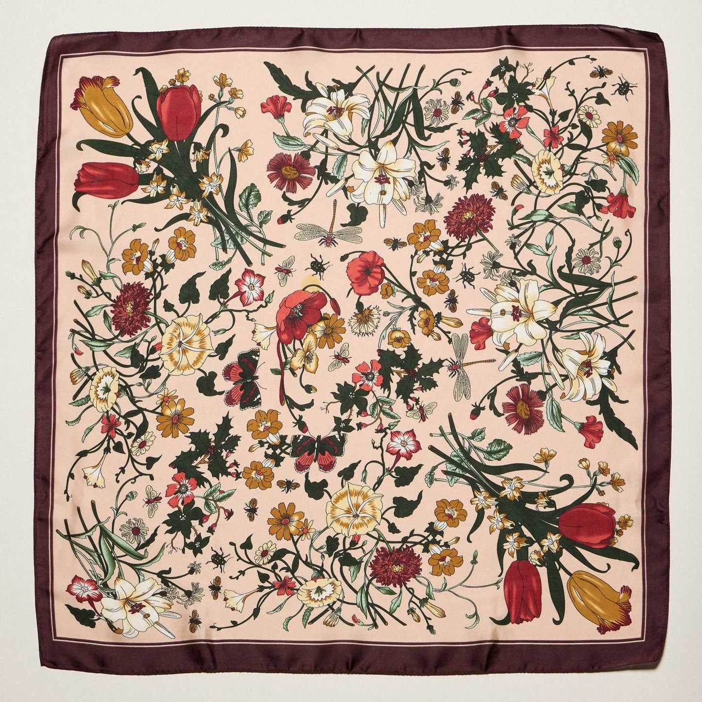 Vintage Botanical Floral Square Scarf | Elegant Garden Print Satin Neck & Hair Scarf: BL / ONE