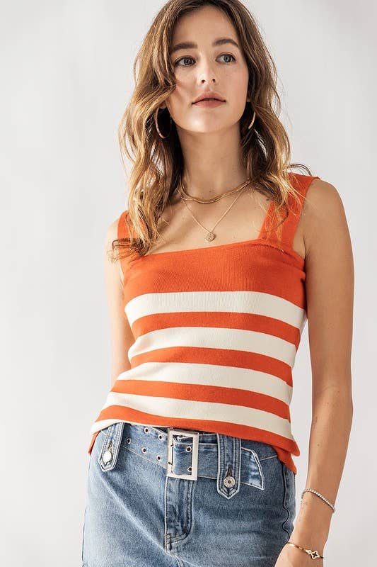 ORANGE/IVORY- STRIPED SQUARE NECK SLEEVELESS TOP:
