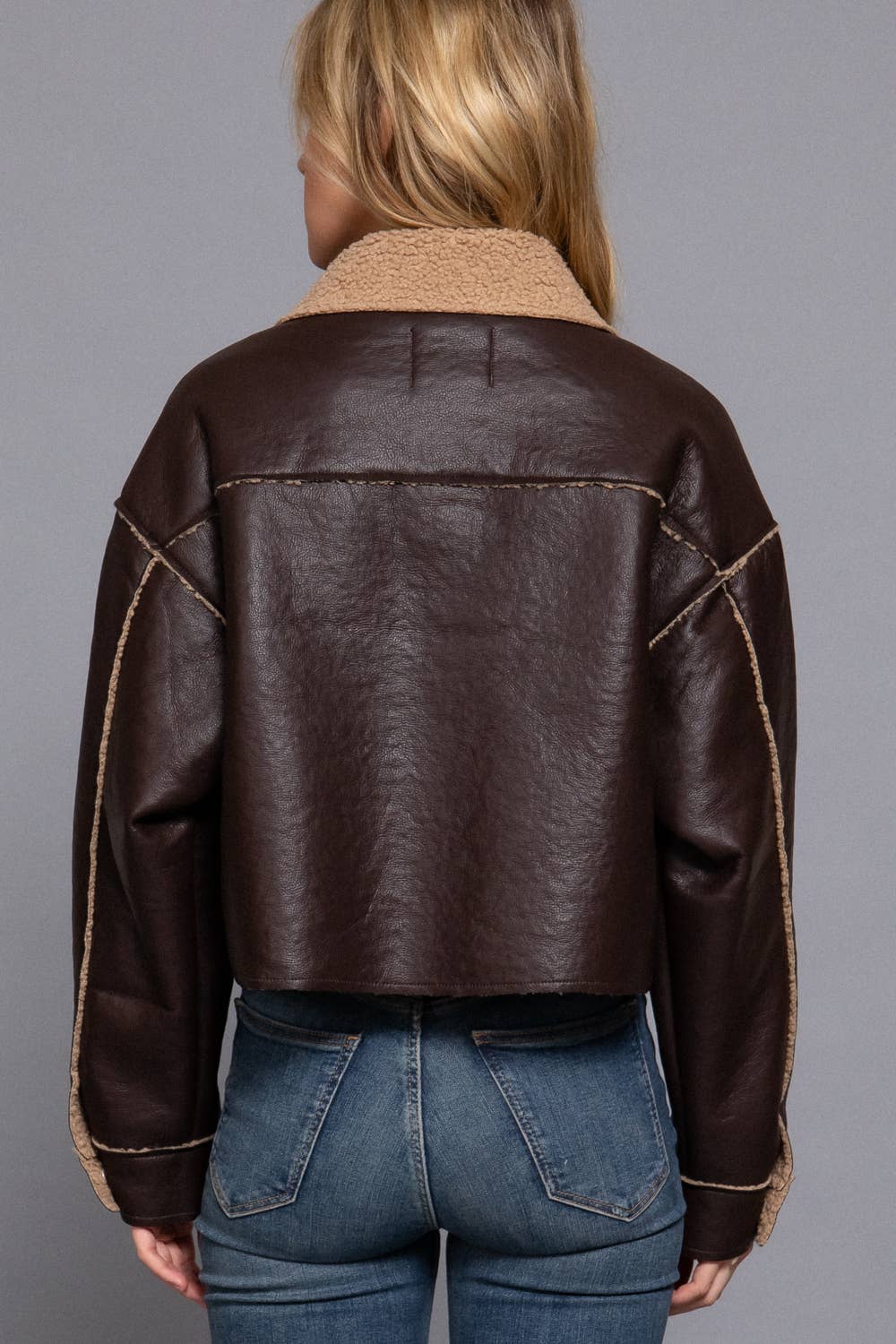 Long Sleeve Faux Leather Inner Fur Jacket: BLK-black / S