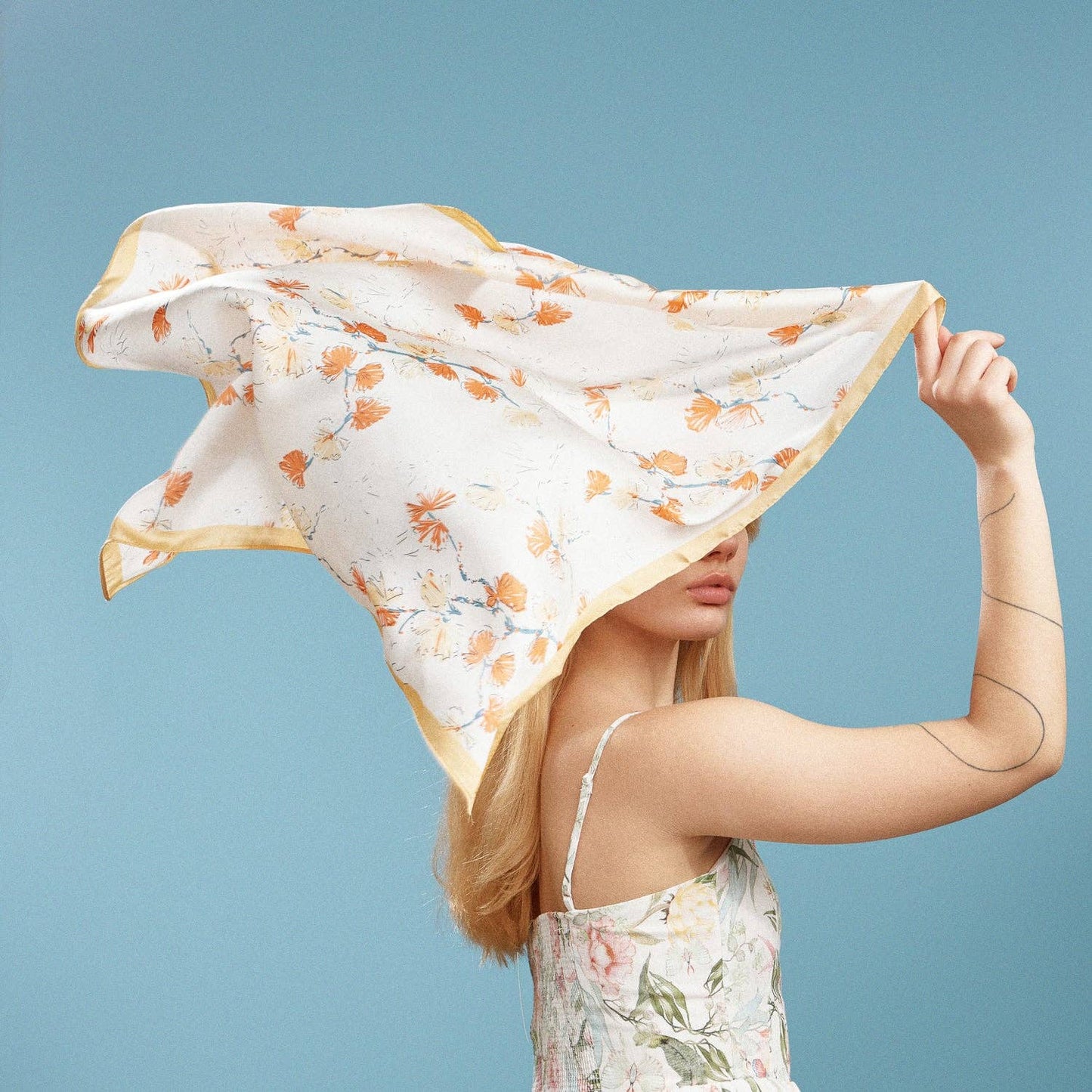 Delicate Floral Branch Square Scarf | Soft Botanical Print Silk-Feel Scarf: BK / ONE