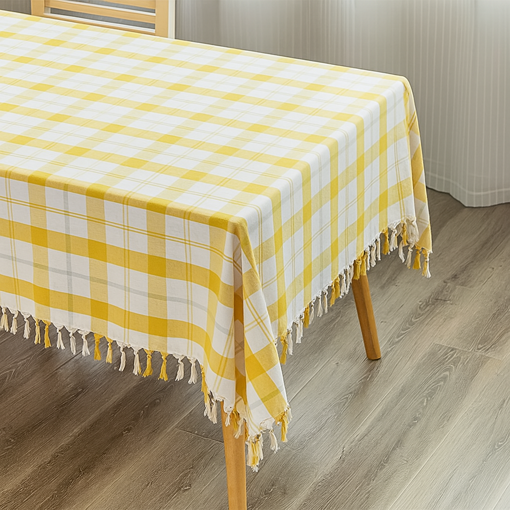 Yellow & White Plaid Cotton Blend  Tablecloth with Tassels: 56"X80"