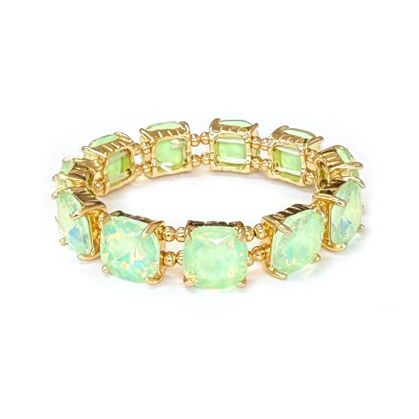Cushion Cut Glass Crystal Linked Stretch Bracelet: MINT-AB
