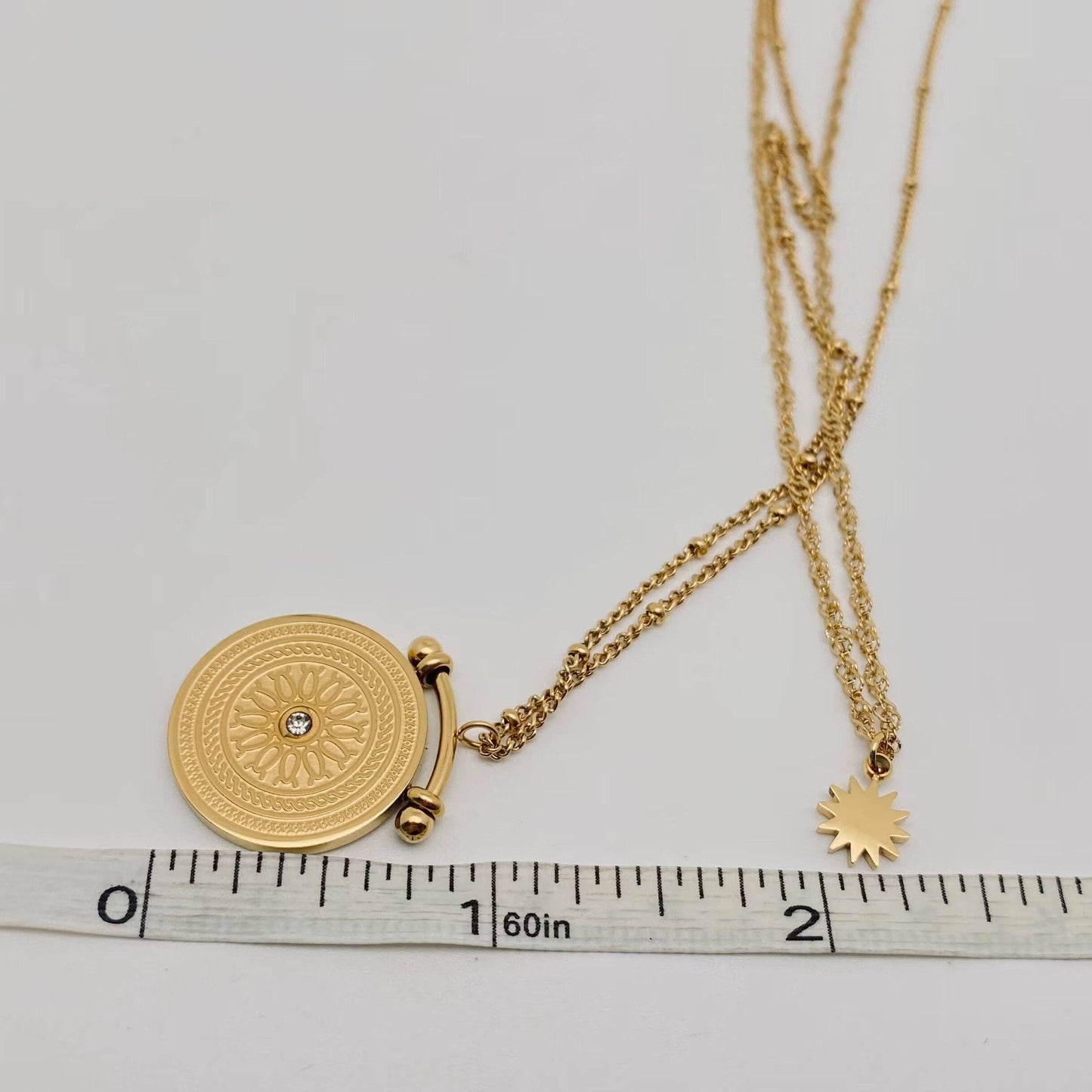 Sun Compass Stainless Steel Charm Double Layer Necklace -FGS