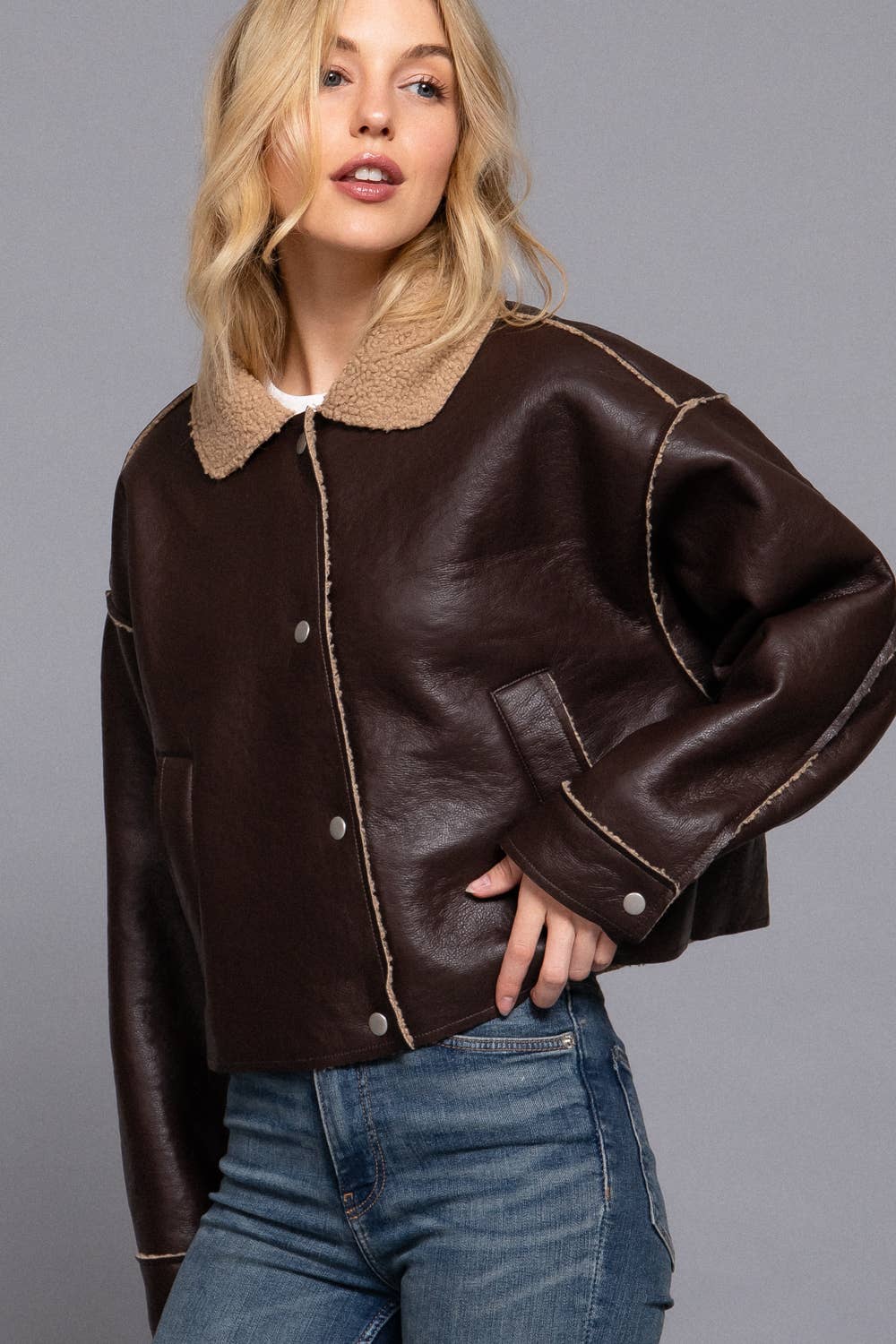 Long Sleeve Faux Leather Inner Fur Jacket: BRN-dark chocolate / L