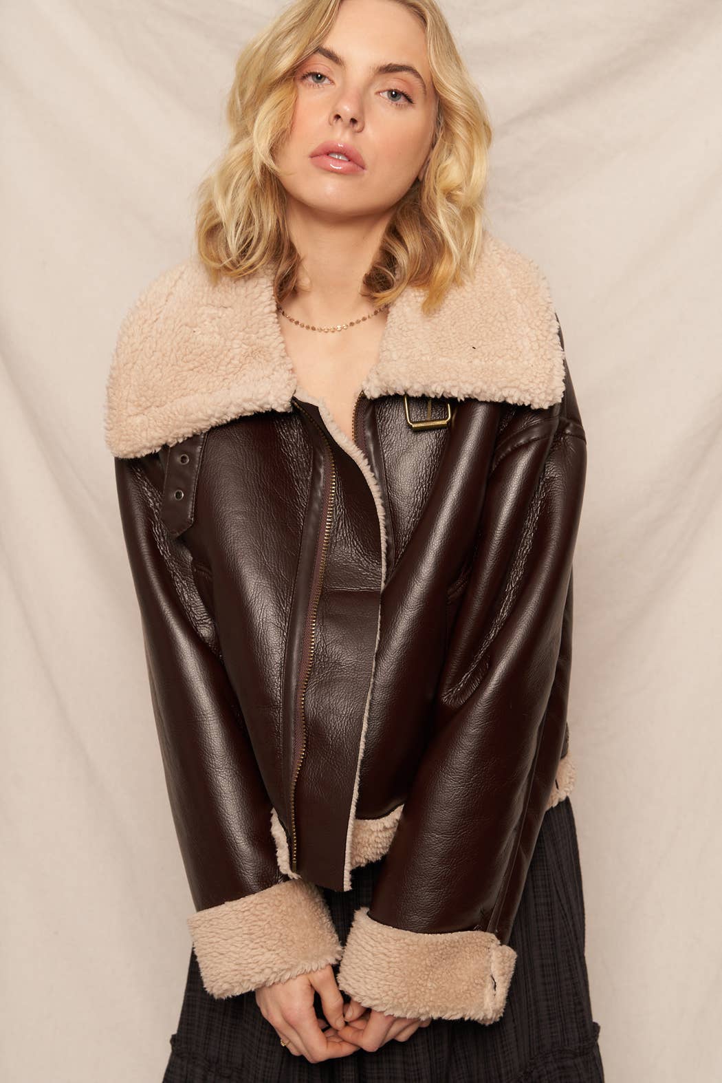 Oversized Faux Leather Aviator Jacket with Sherpa Trim: Brown / L