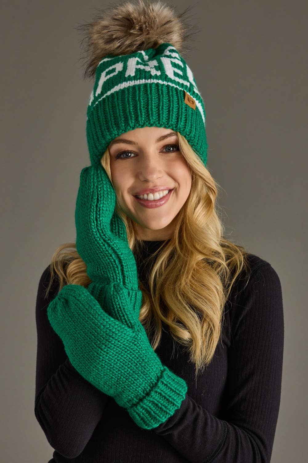 Green & White Apres Pom Hat