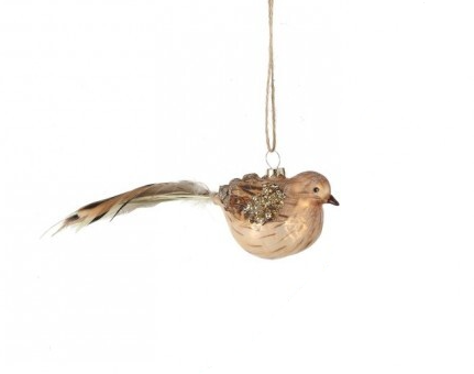 8" GLASS W/FEATHER QUAIL ORNAMENT