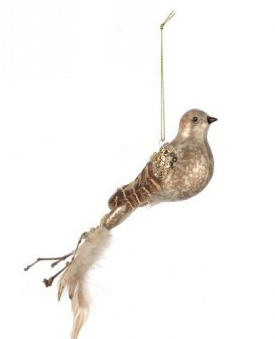 8" GLASS W/FEATHER QUAIL ORNAMENT