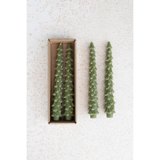green Tree Shaped Taper Candles unscented, Set of 2