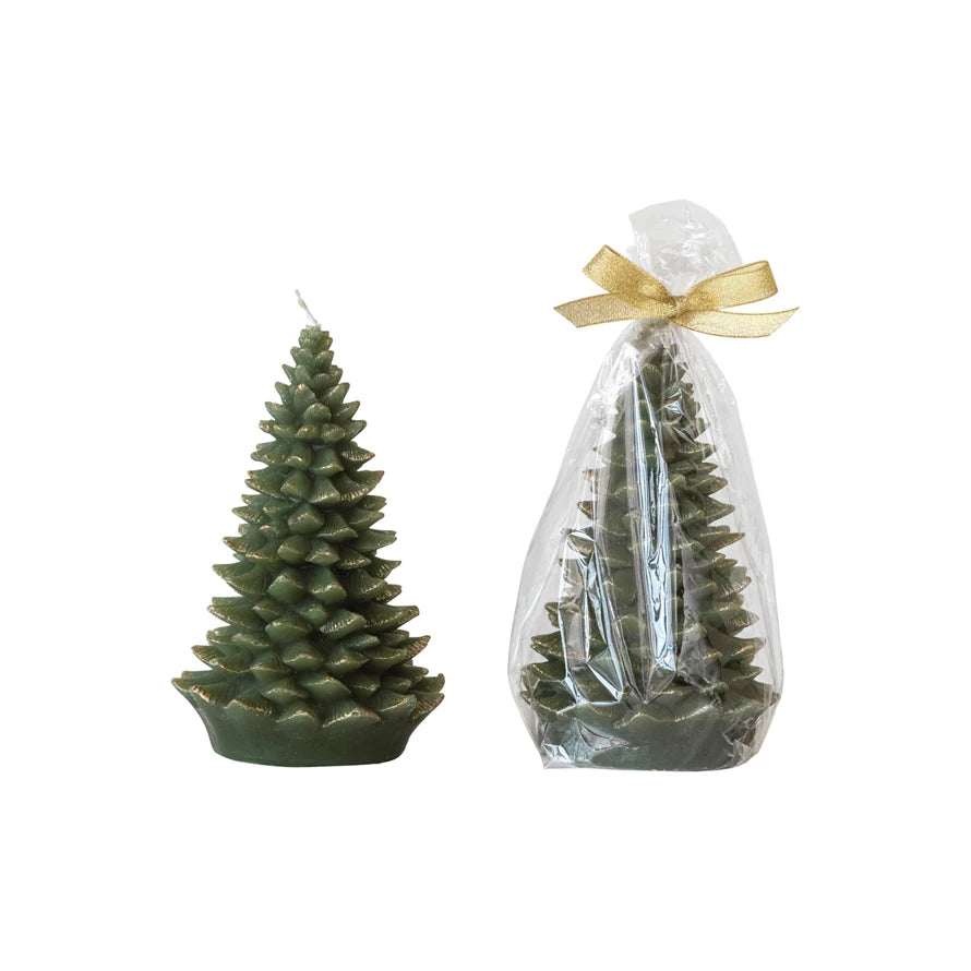 Evergreen Color- Unscented Tree Shaped Candle w/ Gold Tips,