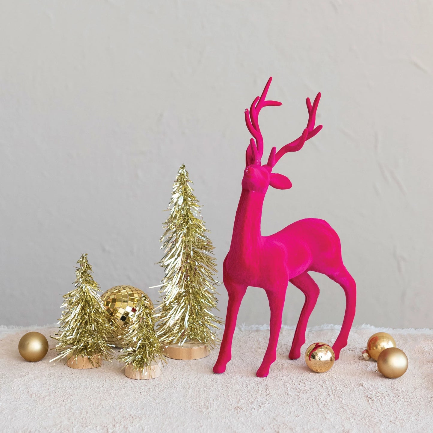 Pink Flocked Reindeer Standing