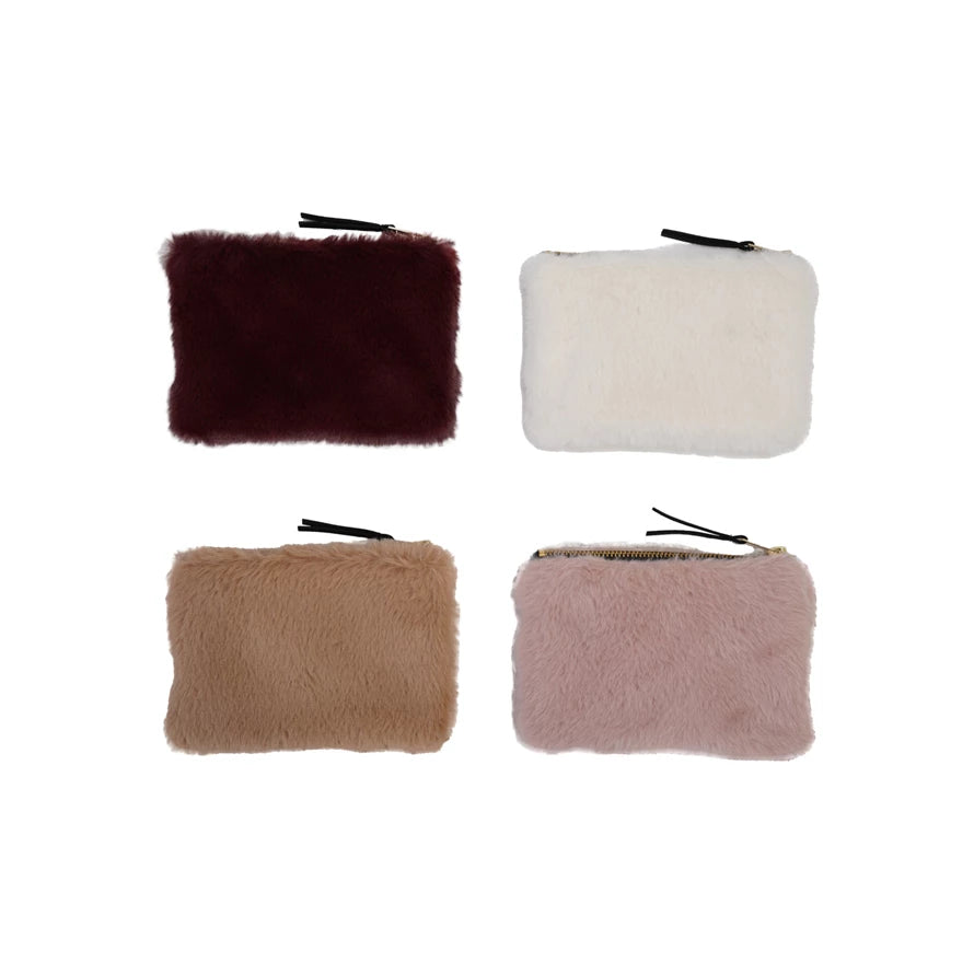 Zip Pouch Faux Fur Fabric with Interior Lining, 4 Colors
