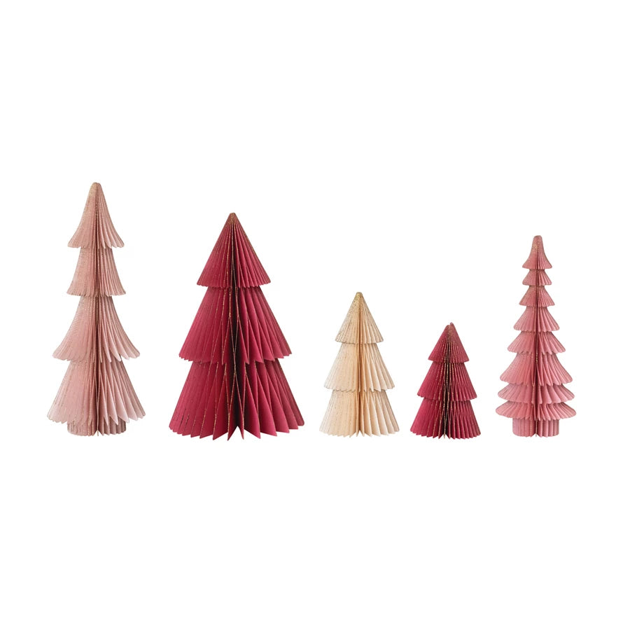 Pink- Handmade Folding Honeycomb Trees with Gold Glitter Edges